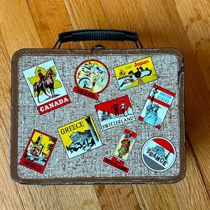 Vintage Ohio Art Metal Lunch Box - Suitcase with Faux Travel “Stickers”